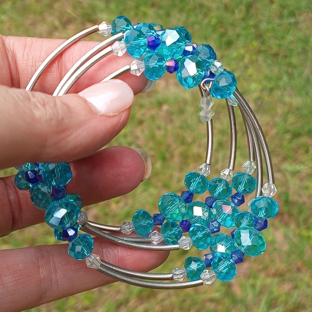 Boho Teal Glass Beaded Cuff Bracelet, Sparkling Crystal Sun Catcher, Unique Gift
